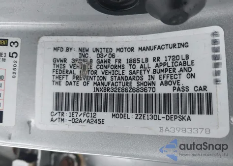 2006 Toyota Corolla S from USA, damaged, VIN 1NXBR32E86Z683670